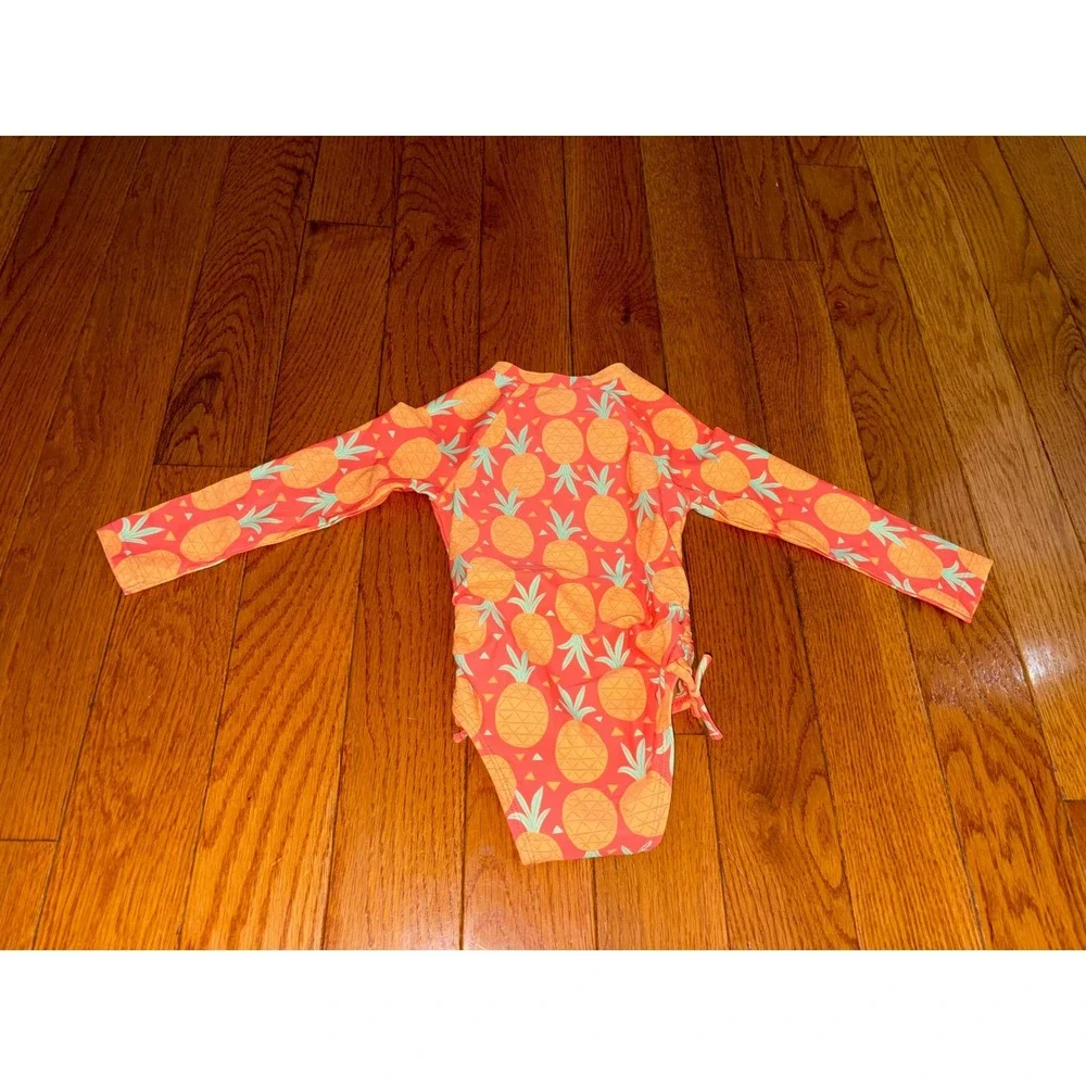 Old Navy Girls Pineapple Rash Guard Swimsuit Coral Pink Long Sleeve 12-18M